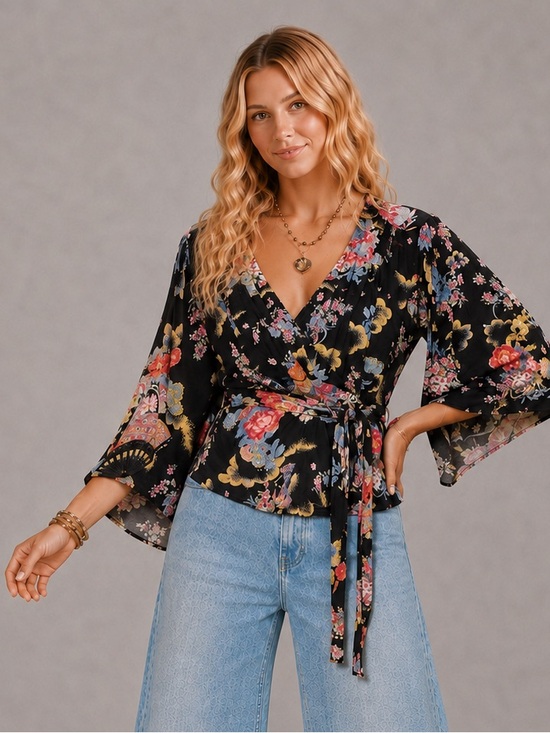 Angie Tops - Angie Black Floral Wrap Blouse with Self-Tie Waist